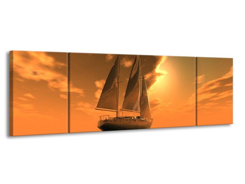 Canvas schilderij Zeilboot | Bruin, Geel, Grijs | 170x50cm 3Luik