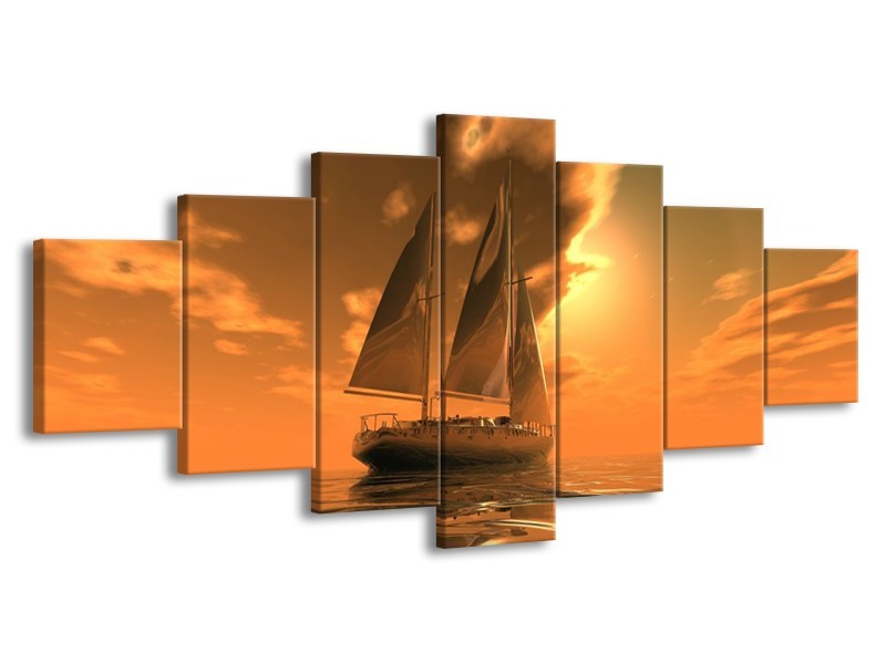 Glas schilderij Zeilboot | Bruin, Geel, Grijs | 210x100cm 7Luik