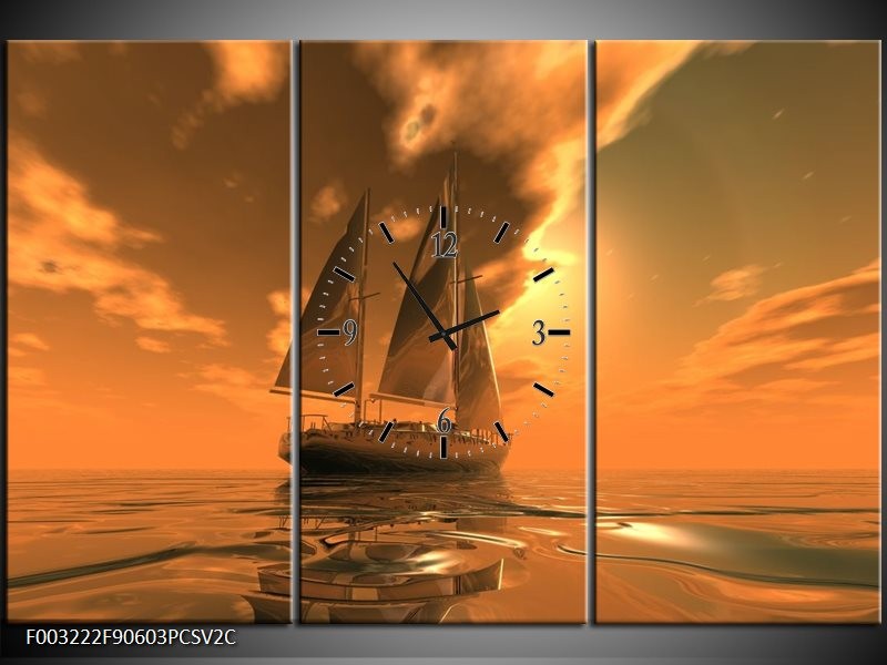 Klok schilderij Zeilboot | Bruin, Geel, Grijs | 90x60cm 3Luik