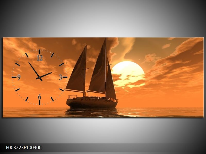 Klok schilderij Zeilboot | Bruin, Geel, Grijs | 100x40cm 1Luik