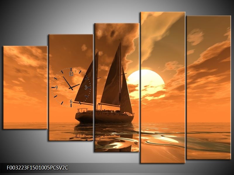 Klok schilderij Zeilboot | Bruin, Geel, Grijs | 150x100cm 5Luik