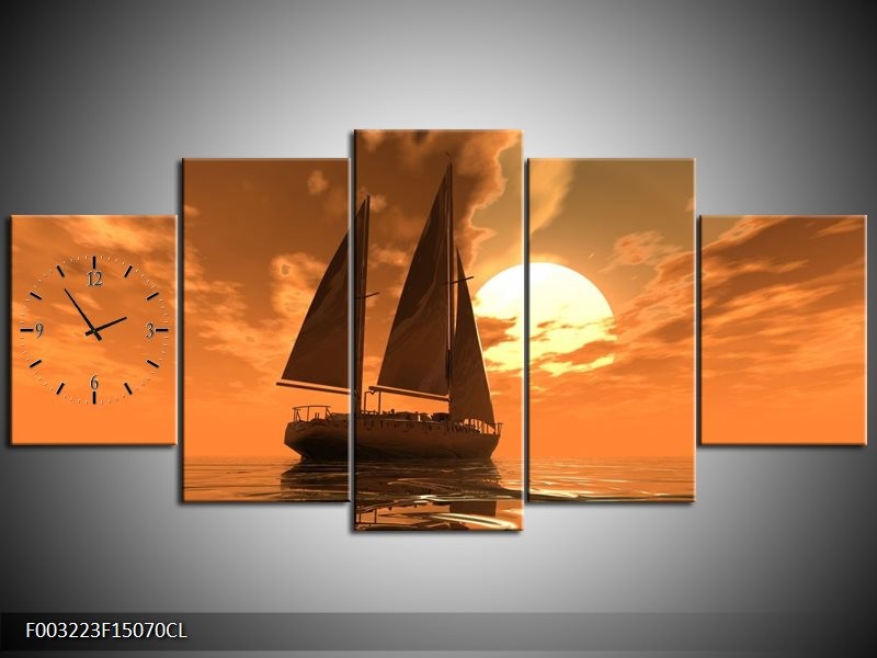 Klok schilderij Zeilboot | Bruin, Geel, Grijs | 150x70cm 5Luik