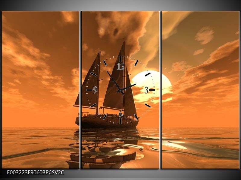 Klok schilderij Zeilboot | Bruin, Geel, Grijs | 90x60cm 3Luik