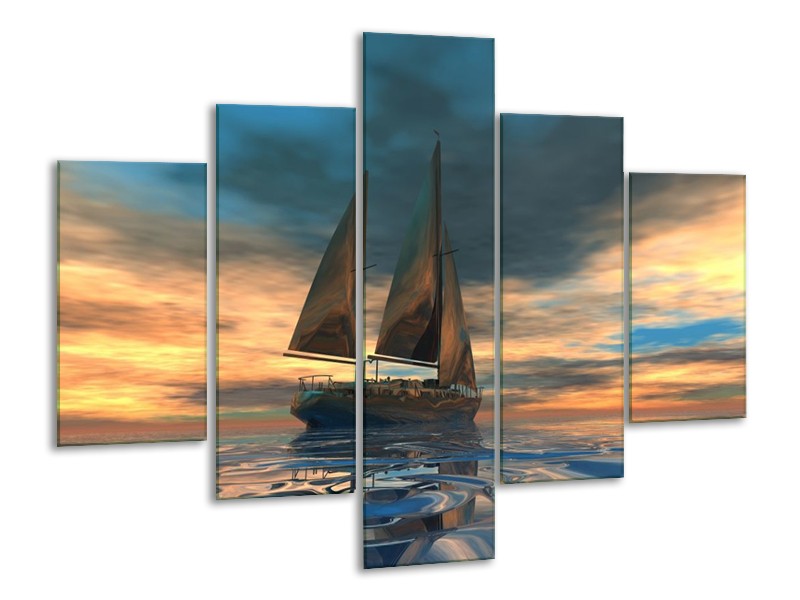 Glas schilderij Zeilboot | Blauw, Geel, Grijs | 100x70cm 5Luik