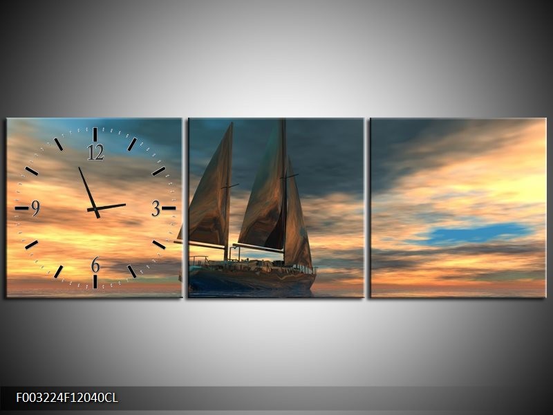 Klok schilderij Zeilboot | Blauw, Geel, Grijs | 120x40cm 3Luik