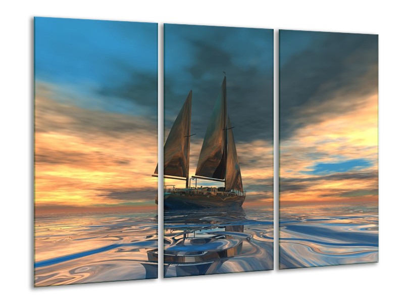 Canvas schilderij Zeilboot | Blauw, Geel, Grijs | 120x80cm 3Luik
