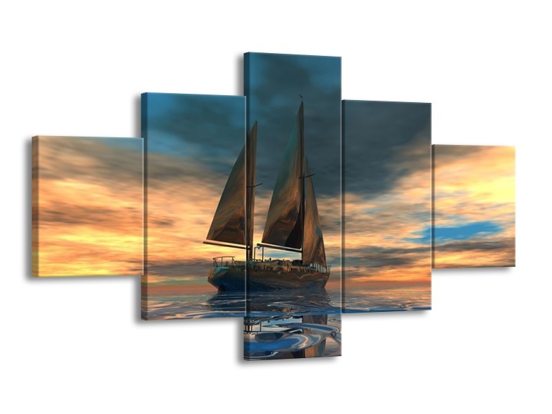 Canvas schilderij Zeilboot | Blauw, Geel, Grijs | 125x70cm 5Luik