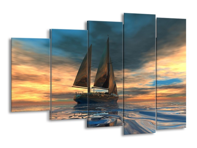 Canvas schilderij Zeilboot | Blauw, Geel, Grijs | 150x100cm 5Luik