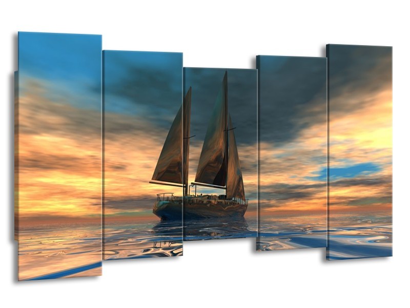 Canvas schilderij Zeilboot | Blauw, Geel, Grijs | 150x80cm 5Luik