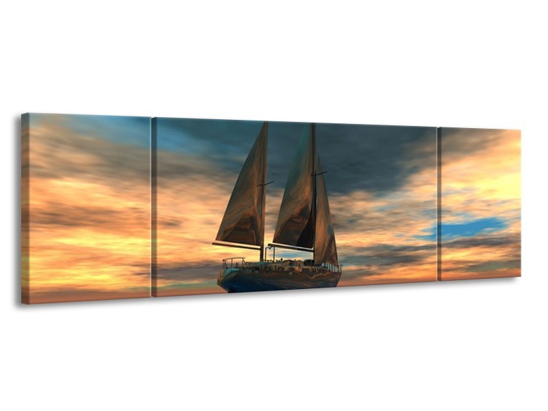 Canvas schilderij Zeilboot | Blauw, Geel, Grijs | 170x50cm 3Luik