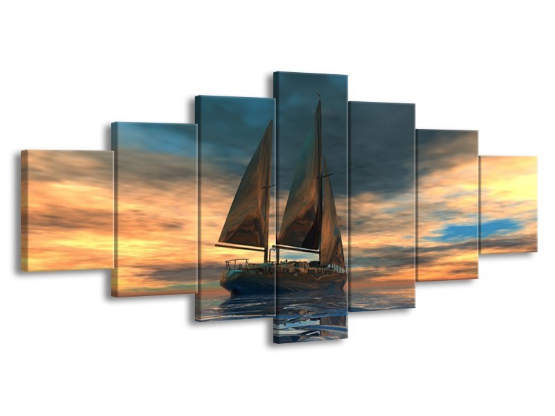 Canvas schilderij Zeilboot | Blauw, Geel, Grijs | 210x100cm 7Luik
