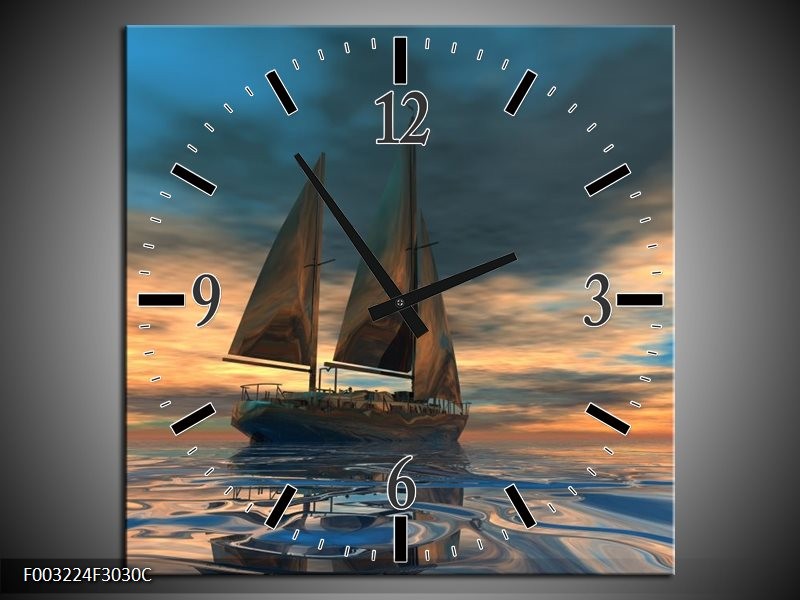 Klok schilderij Zeilboot | Blauw, Geel, Grijs | 30x30cm 1Luik