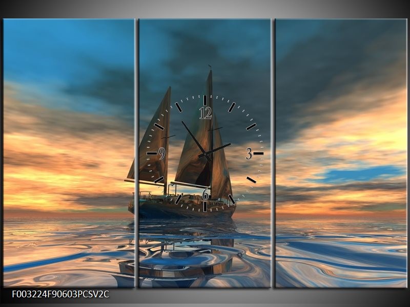 Klok schilderij Zeilboot | Blauw, Geel, Grijs | 90x60cm 3Luik