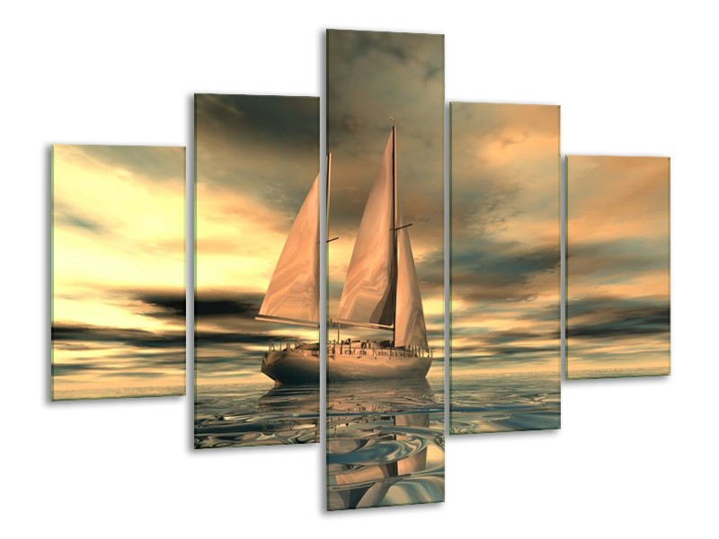 Glas schilderij Zeilboot | Geel, Wit, Grijs | 100x70cm 5Luik