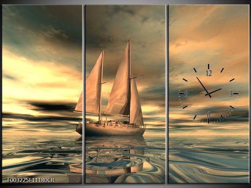 Klok schilderij Zeilboot | Geel, Wit, Grijs | 111x80cm 3Luik