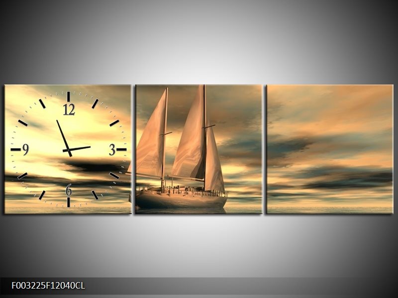 Klok schilderij Zeilboot | Geel, Wit, Grijs | 120x40cm 3Luik