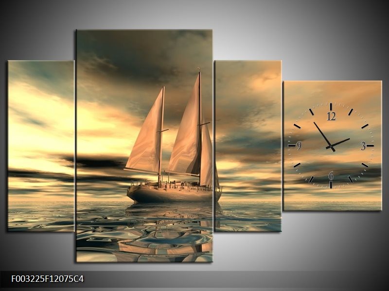 Klok schilderij Zeilboot | Geel, Wit, Grijs | 120x75cm 4Luik