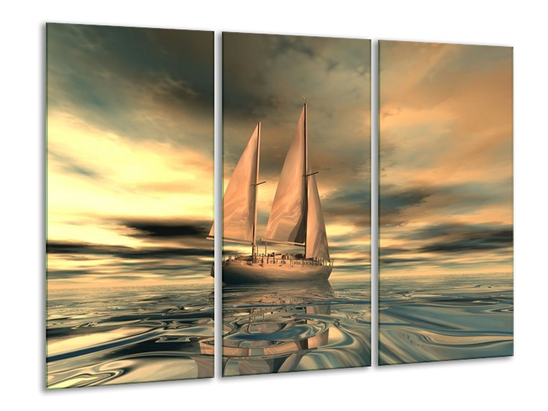 Canvas schilderij Zeilboot | Geel, Wit, Grijs | 120x80cm 3Luik
