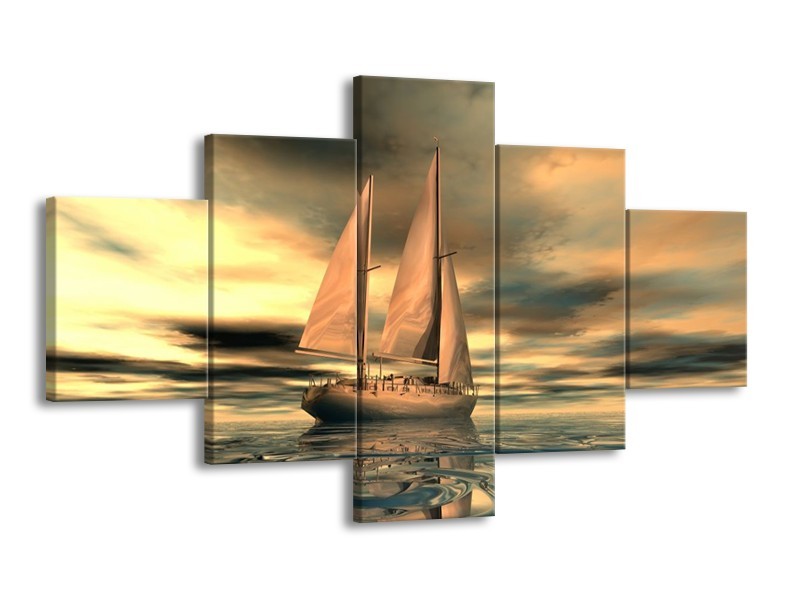 Canvas schilderij Zeilboot | Geel, Wit, Grijs | 125x70cm 5Luik