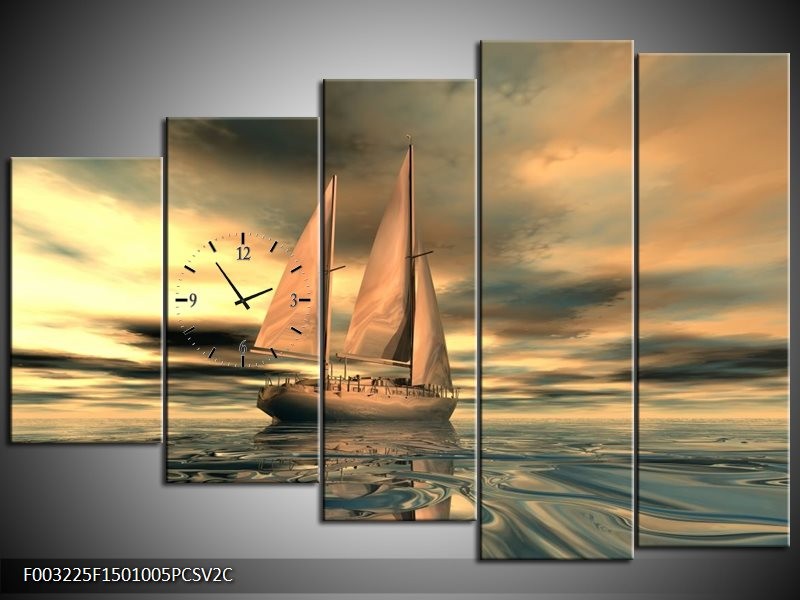 Klok schilderij Zeilboot | Geel, Wit, Grijs | 150x100cm 5Luik