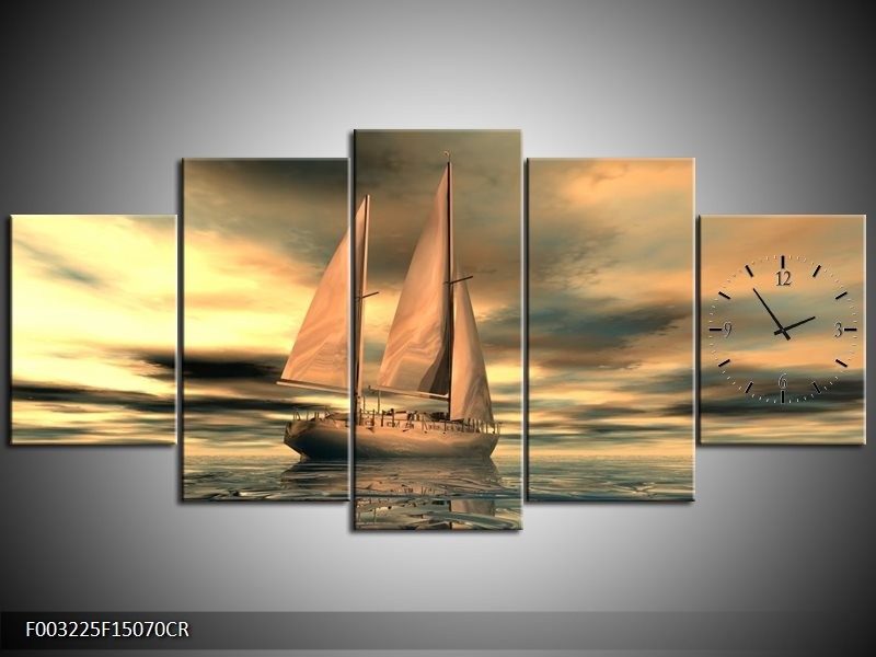 Klok schilderij Zeilboot | Geel, Wit, Grijs | 150x70cm 5Luik