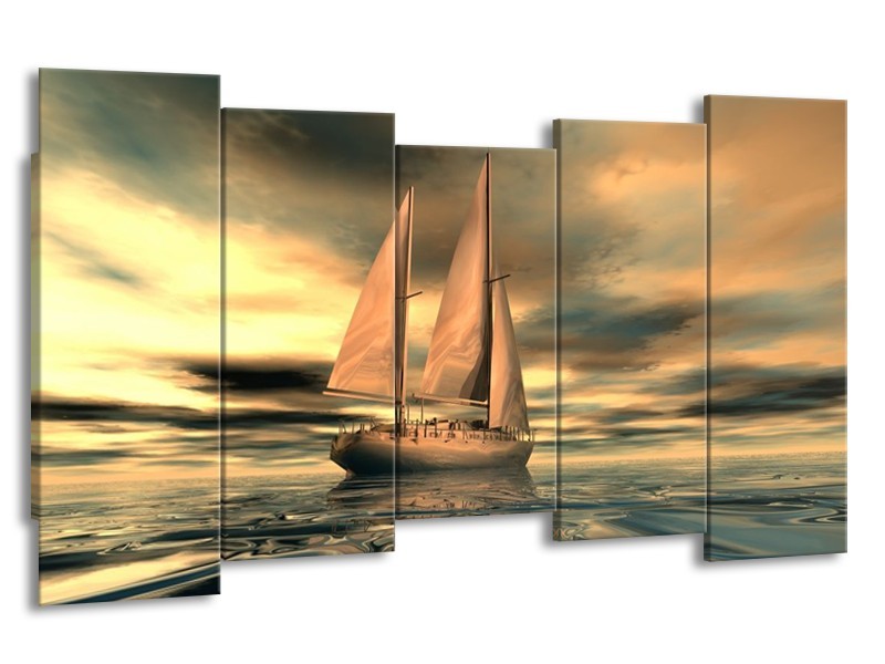 Canvas schilderij Zeilboot | Geel, Wit, Grijs | 150x80cm 5Luik