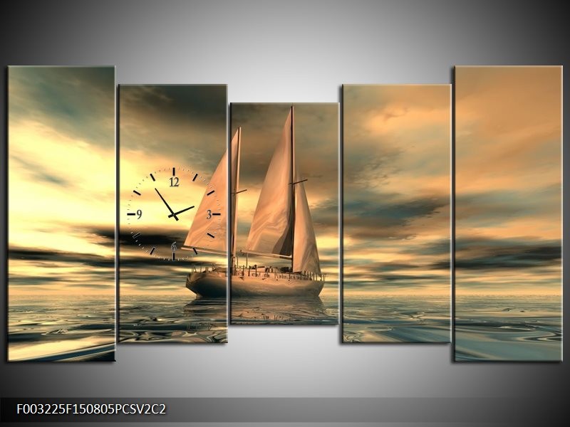 Klok schilderij Zeilboot | Geel, Wit, Grijs | 150x80cm 5Luik