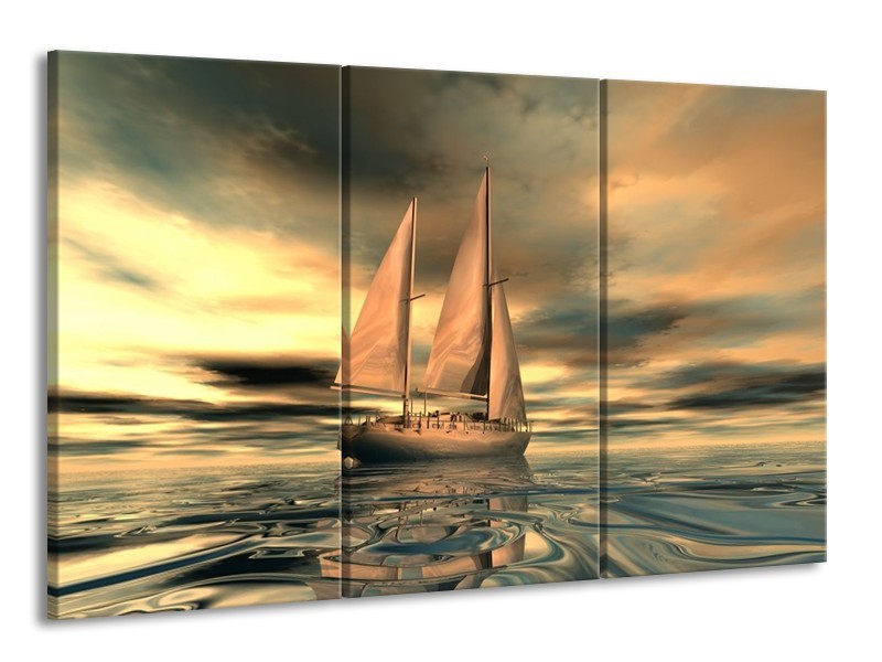 Canvas schilderij Zeilboot | Geel, Wit, Grijs | 165x100cm 3Luik