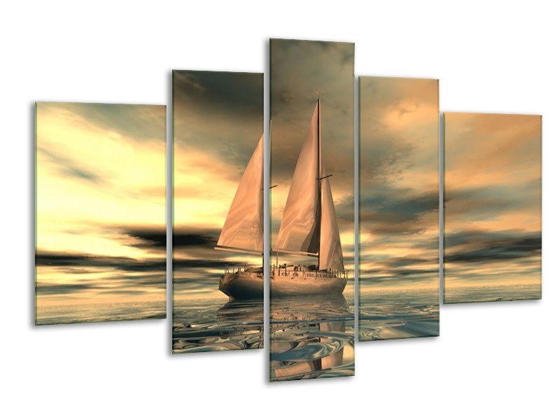 Canvas schilderij Zeilboot | Geel, Wit, Grijs | 170x100cm 5Luik