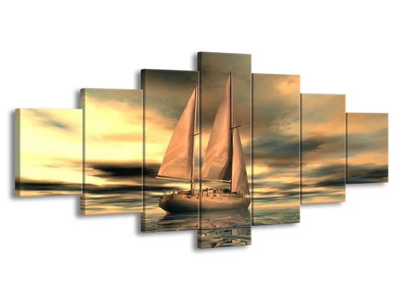 Glas schilderij Zeilboot | Geel, Wit, Grijs | 210x100cm 7Luik