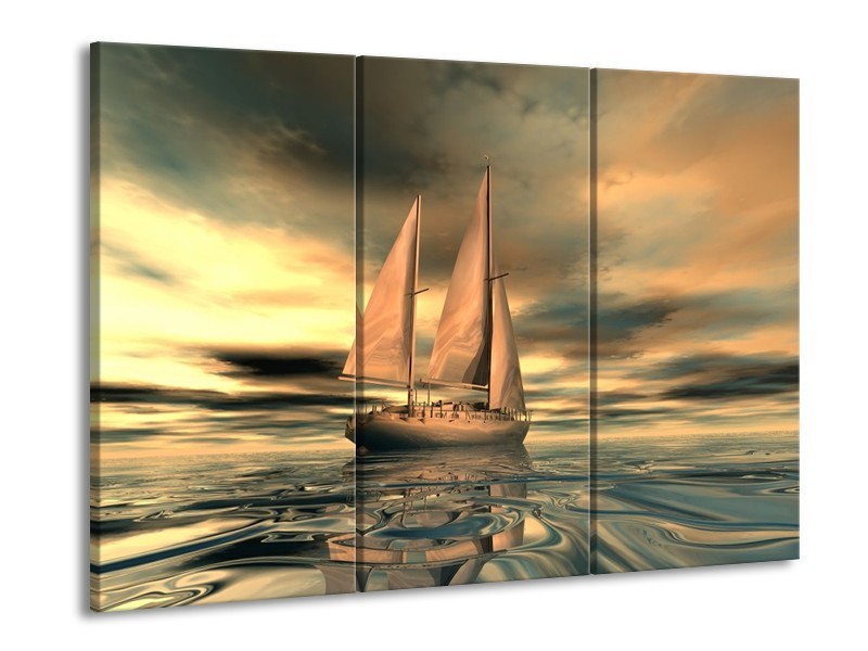 Canvas schilderij Zeilboot | Geel, Wit, Grijs | 90x60cm 3Luik