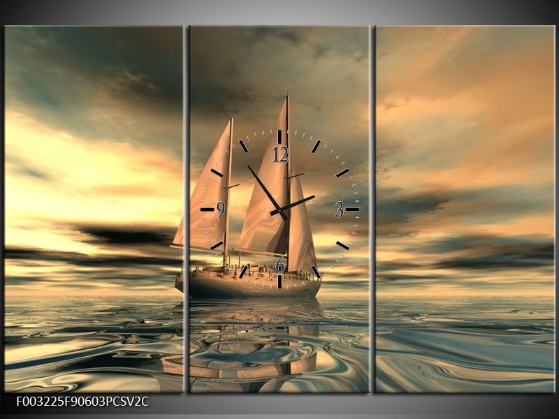 Klok schilderij Zeilboot | Geel, Wit, Grijs | 90x60cm 3Luik