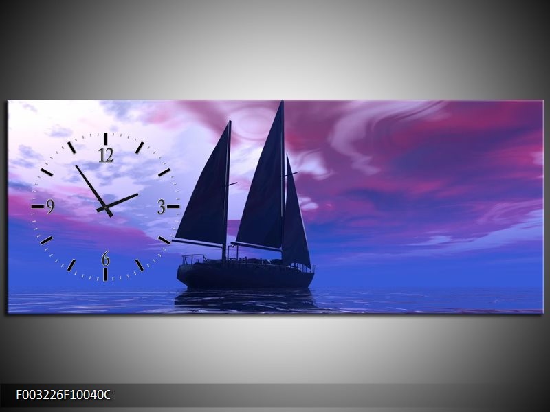 Klok schilderij Zeilboot | Blauw, Paars, Zwart | 100x40cm 1Luik