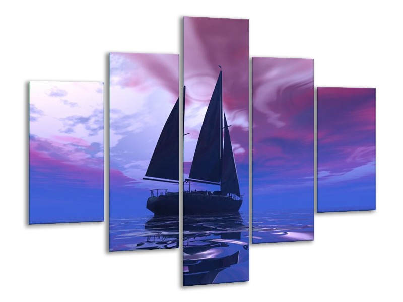 Canvas schilderij Zeilboot | Blauw, Paars, Zwart | 100x70cm 5Luik