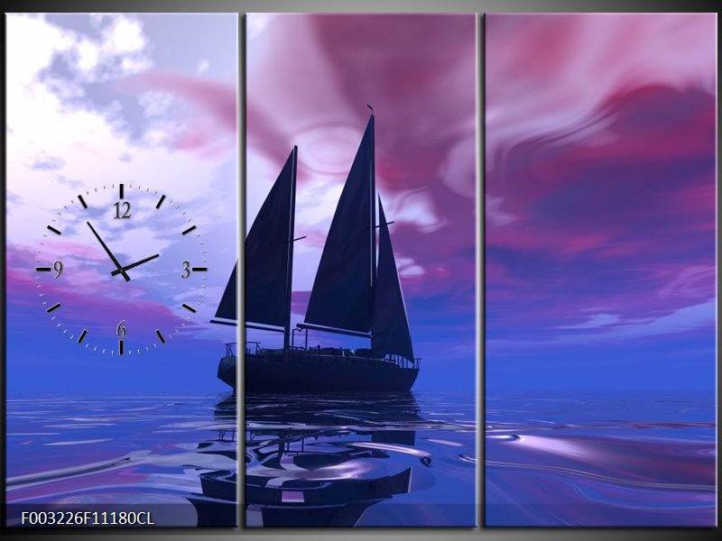 Klok schilderij Zeilboot | Blauw, Paars, Zwart | 111x80cm 3Luik