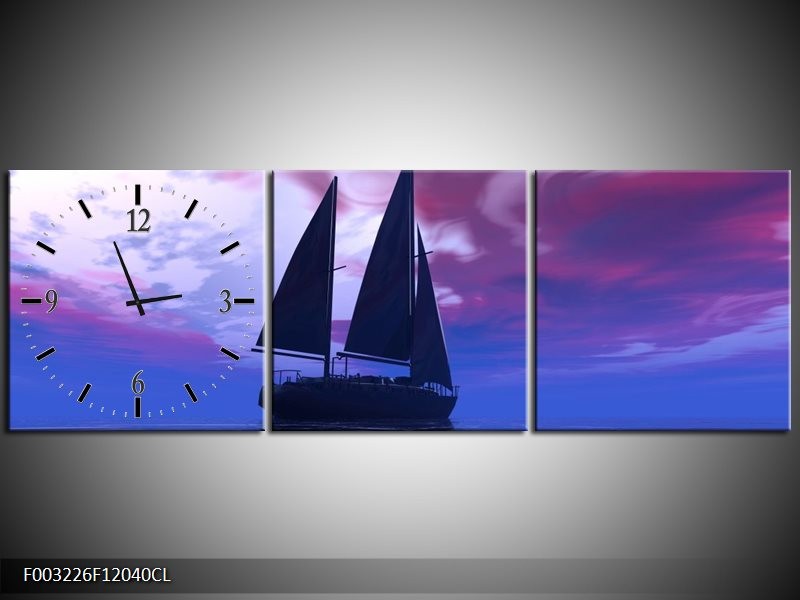 Klok schilderij Zeilboot | Blauw, Paars, Zwart | 120x40cm 3Luik