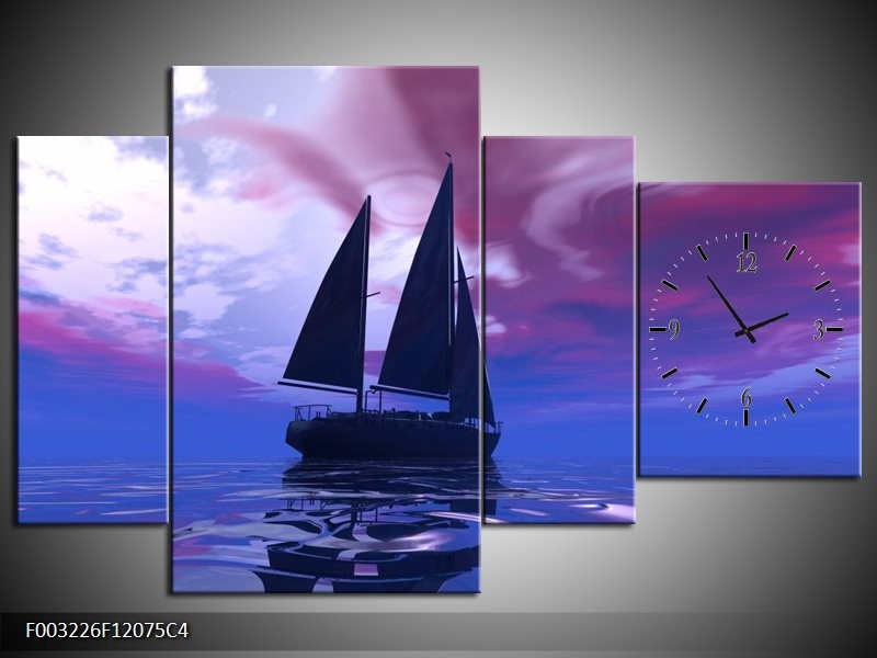 Klok schilderij Zeilboot | Blauw, Paars, Zwart | 120x75cm 4Luik