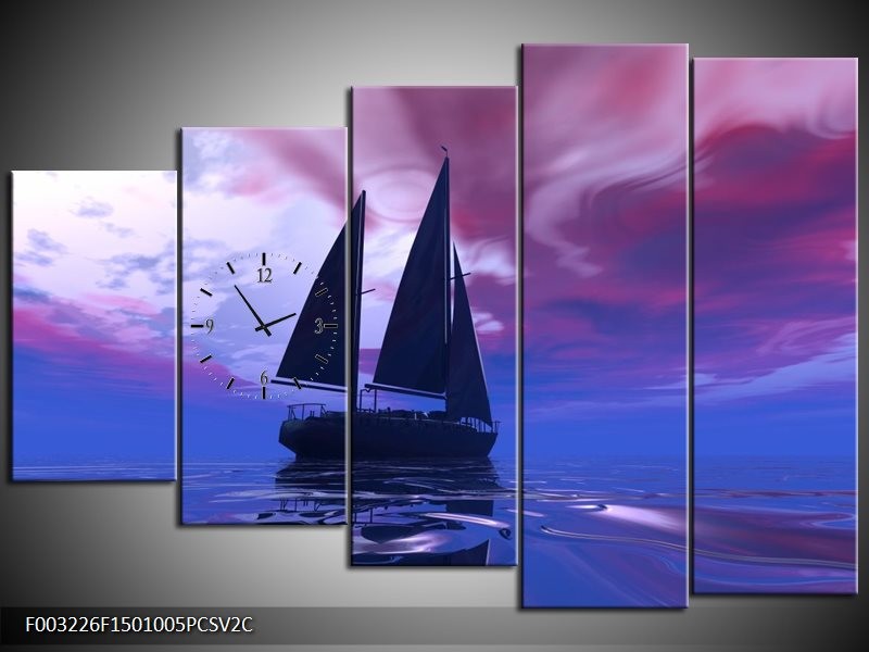 Klok schilderij Zeilboot | Blauw, Paars, Zwart | 150x100cm 5Luik