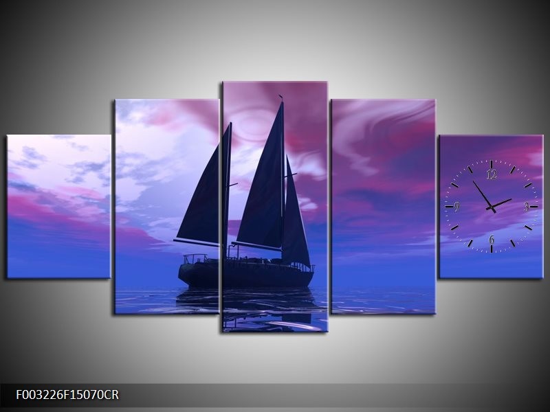 Klok schilderij Zeilboot | Blauw, Paars, Zwart | 150x70cm 5Luik