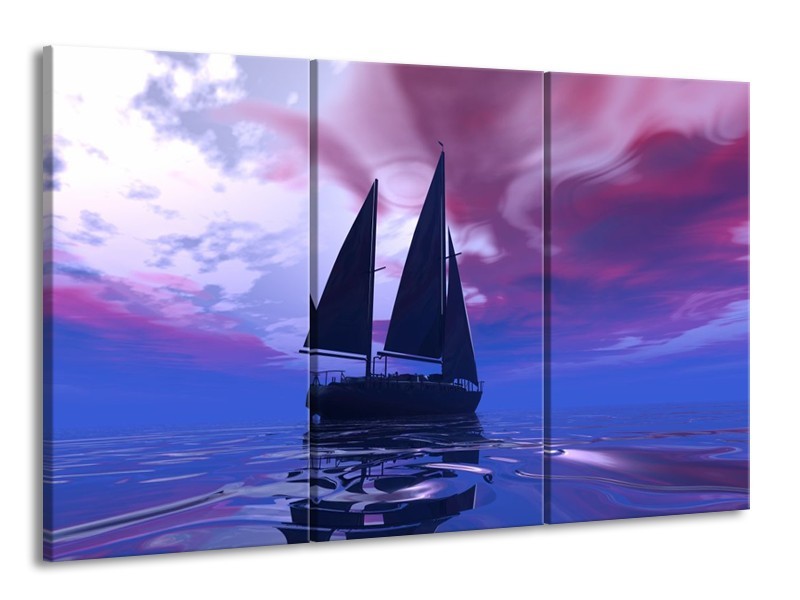 Canvas schilderij Zeilboot | Blauw, Paars, Zwart | 165x100cm 3Luik