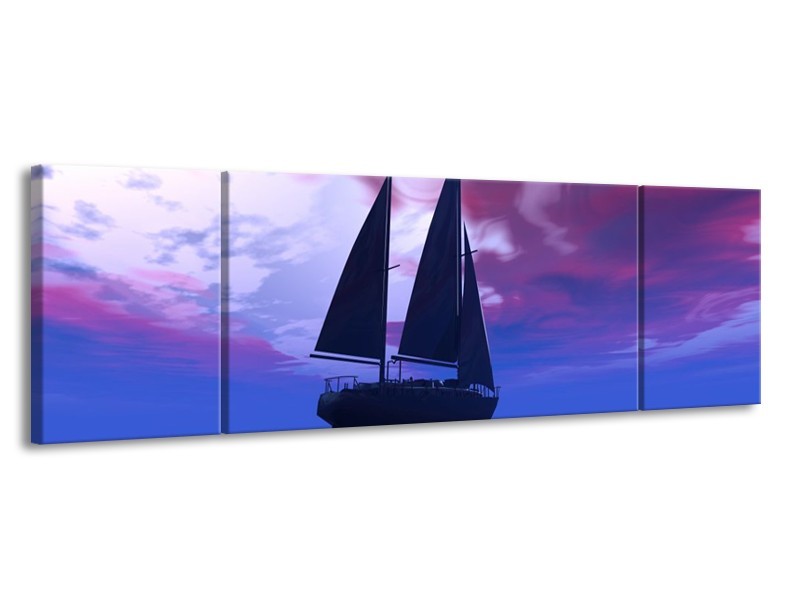 Canvas schilderij Zeilboot | Blauw, Paars, Zwart | 170x50cm 3Luik