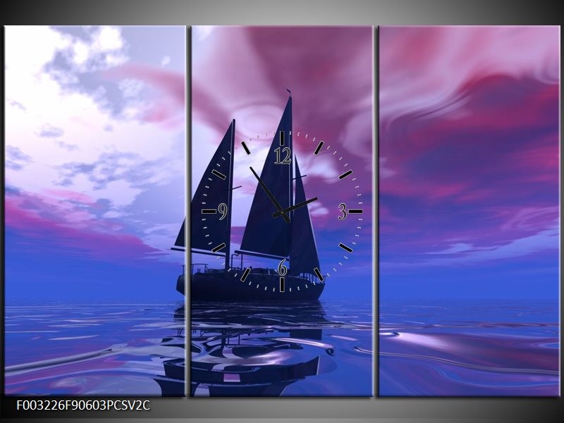 Klok schilderij Zeilboot | Blauw, Paars, Zwart | 90x60cm 3Luik