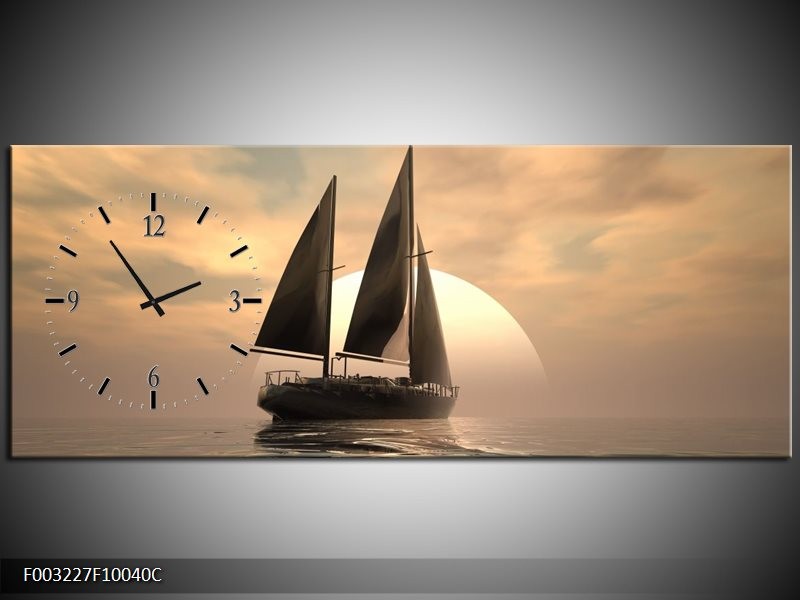 Klok schilderij Zeilboot | Wit, Grijs, Bruin | 100x40cm 1Luik