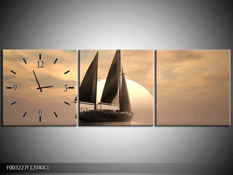 Klok schilderij Zeilboot | Wit, Grijs, Bruin | 120x40cm 3Luik