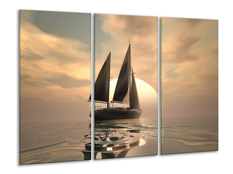 Canvas schilderij Zeilboot | Wit, Grijs, Bruin | 120x80cm 3Luik