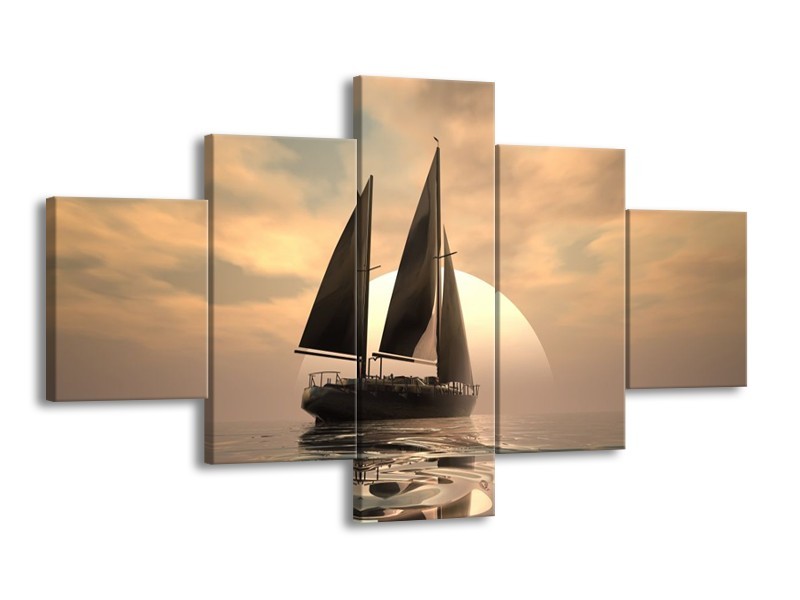 Glas schilderij Zeilboot | Wit, Grijs, Bruin | 125x70cm 5Luik