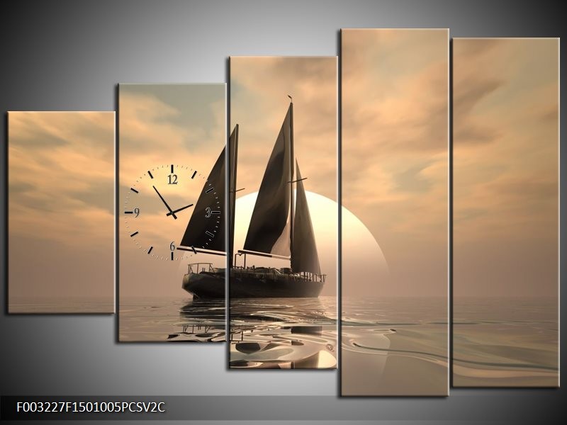 Klok schilderij Zeilboot | Wit, Grijs, Bruin | 150x100cm 5Luik