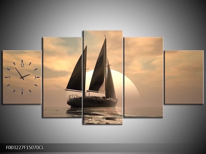 Klok schilderij Zeilboot | Wit, Grijs, Bruin | 150x70cm 5Luik