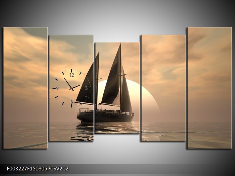 Klok schilderij Zeilboot | Wit, Grijs, Bruin | 150x80cm 5Luik
