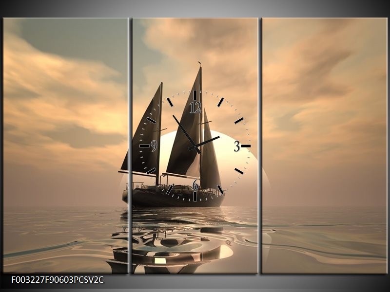 Klok schilderij Zeilboot | Wit, Grijs, Bruin | 90x60cm 3Luik